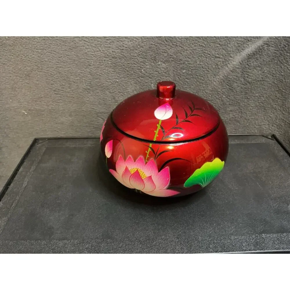 Vietnamese Lacquerware Lidded Bowl With Beautiful Lotus Flower